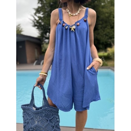 Combi-short fluide beige ou bleu électrique – détails bijoux & look estival