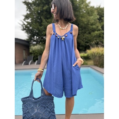 Combi-short fluide beige ou bleu électrique – détails bijoux & look estival