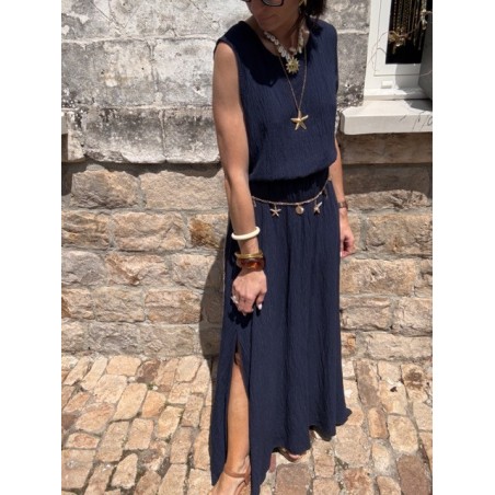 Ensemble top + jupe longue fendue – Marron, bleu marine ou azur – Taille 36 à 42
