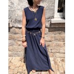Ensemble top + jupe longue fendue – Marron, bleu marine ou azur – Taille 36 à 42