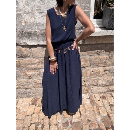 Ensemble top + jupe longue fendue – Marron, bleu marine ou azur – Taille 36 à 42