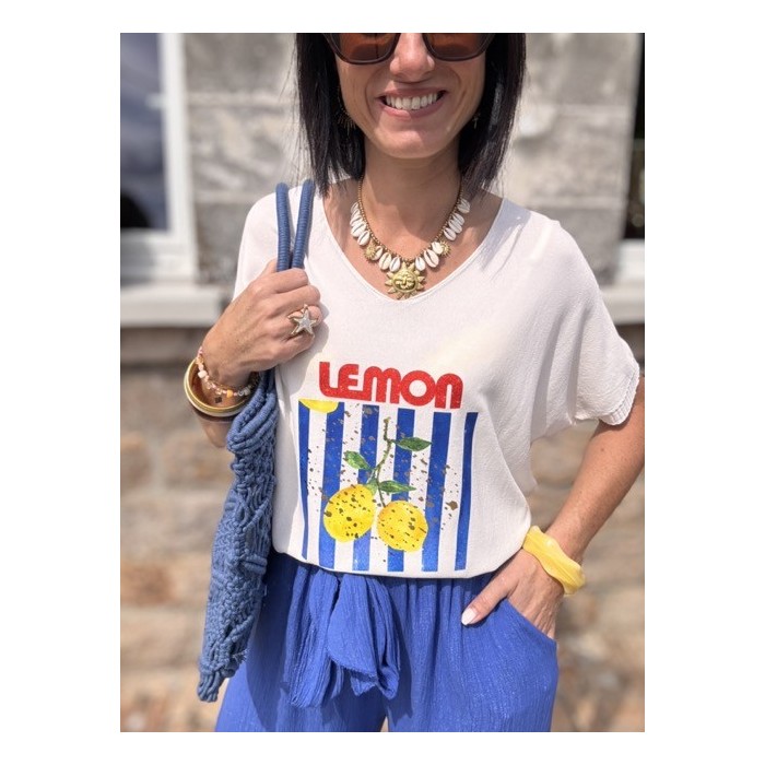 Pull fin lemon – Col V, manches 3/4 – Taille unique 36 à 44