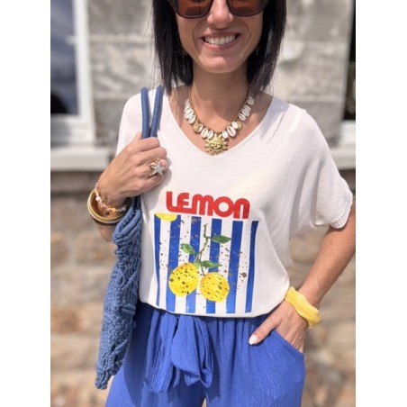 Pull fin lemon – Col V, manches 3/4 – Taille unique 36 à 44