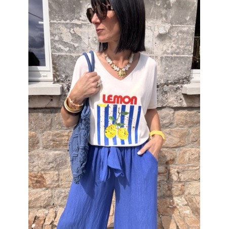 Pull fin lemon – Col V, manches 3/4 – Taille unique 36 à 44
