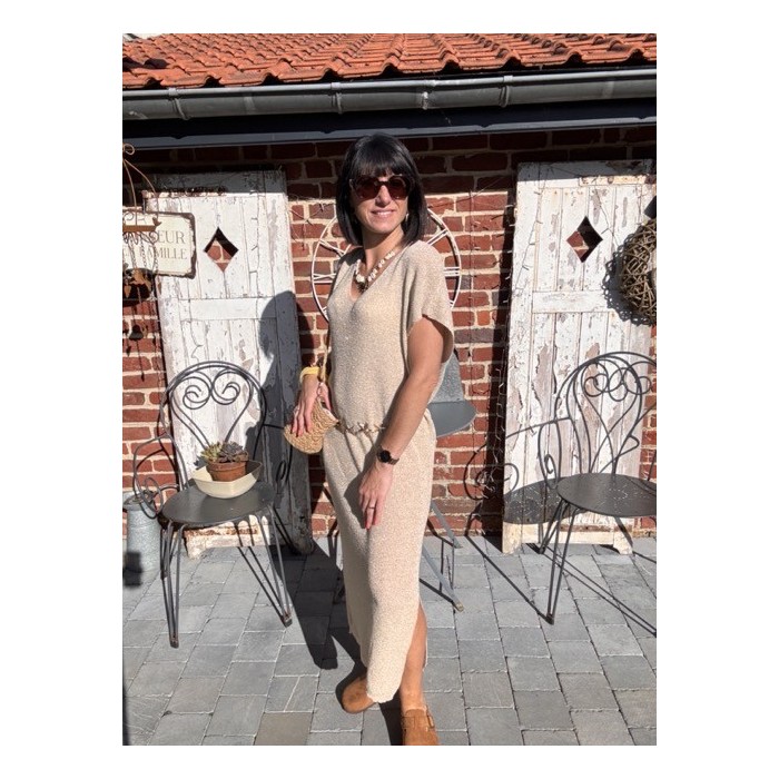 Robe longue dorée fendue – lurex brillant chic
