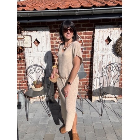 Robe longue dorée fendue – lurex brillant chic
