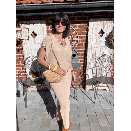 Robe longue dorée fendue – lurex brillant chic