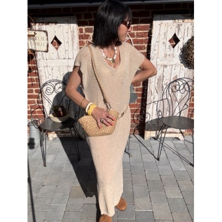 Robe longue dorée fendue – lurex brillant chic