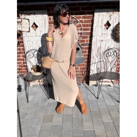 Robe longue dorée fendue – lurex brillant chic