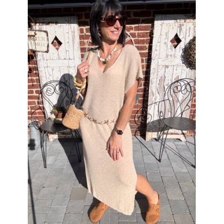 Robe longue dorée fendue – lurex brillant chic