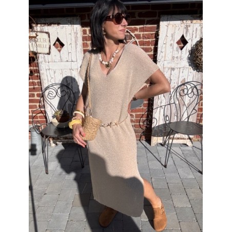 Robe longue dorée fendue – lurex brillant chic