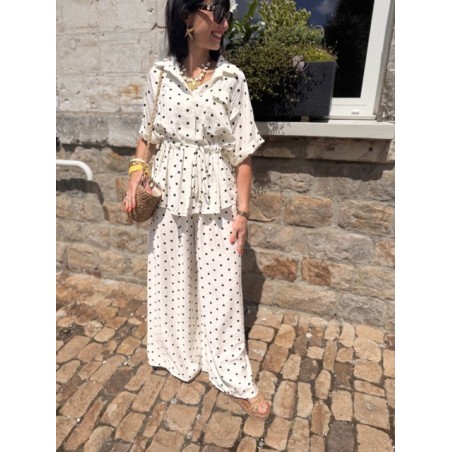 Ensemble fluide noir et blanc à pois – pantalon large & haut ceinturé