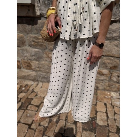 Ensemble fluide noir et blanc à pois – pantalon large & haut ceinturé