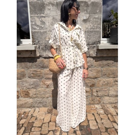 Ensemble fluide noir et blanc à pois – pantalon large & haut ceinturé