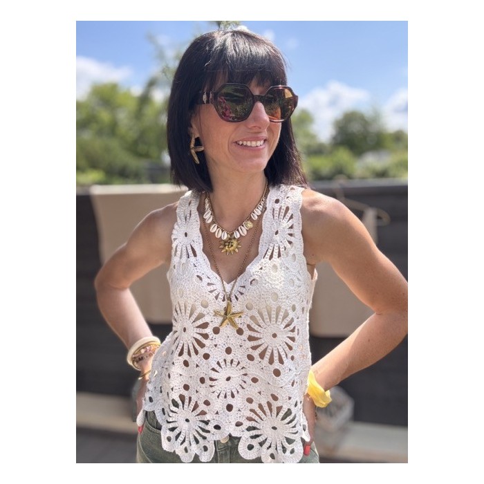 Top en maille blanc col V – basique chic femme