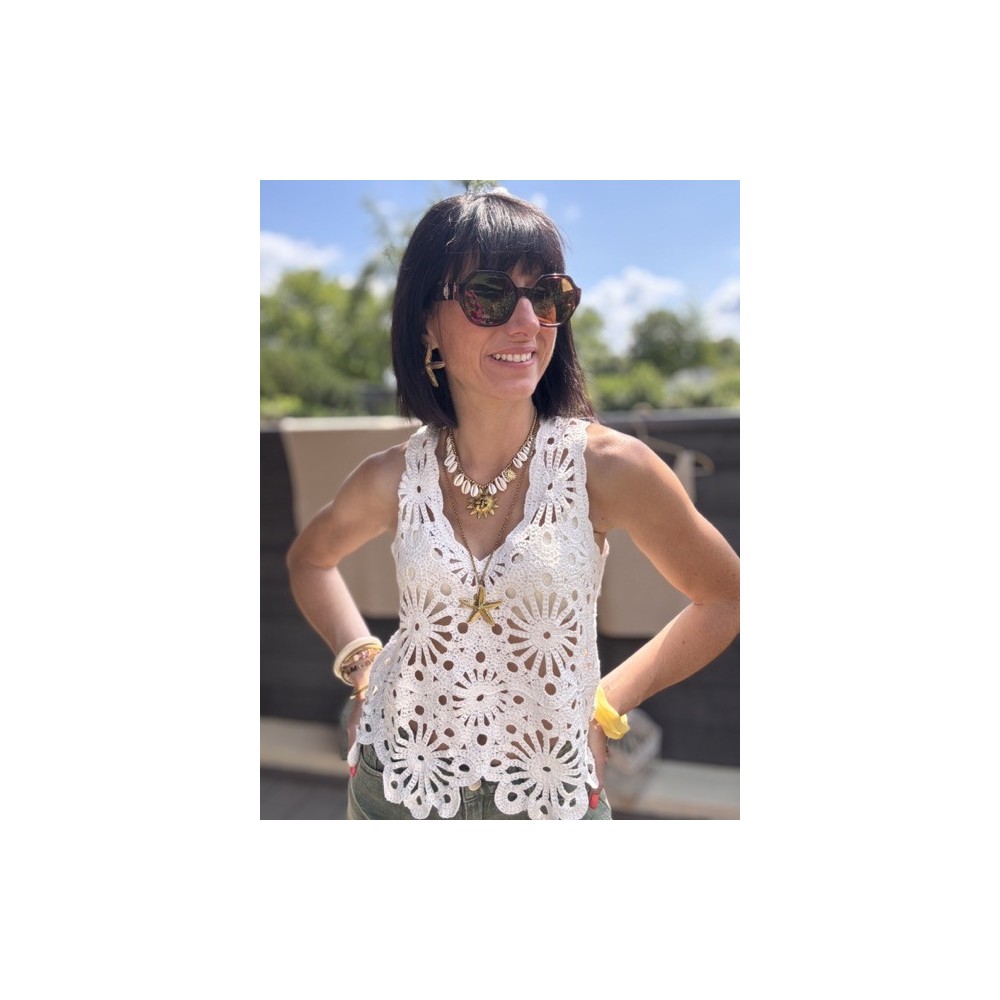 Top en maille blanc col V – basique chic femme Top en maille blanc col V – basique chic femme