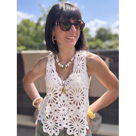 Top en maille blanc col V – basique chic femme