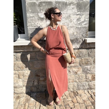 Jupe longue terra-cotta – taille haute effet nouée avec fente