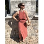 Jupe longue terra-cotta – taille haute effet nouée avec fente
