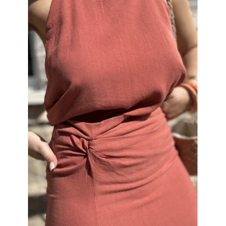 Jupe longue terra-cotta – taille haute effet nouée avec fente