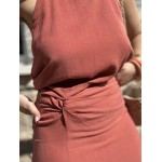 Jupe longue terra-cotta – taille haute effet nouée avec fente