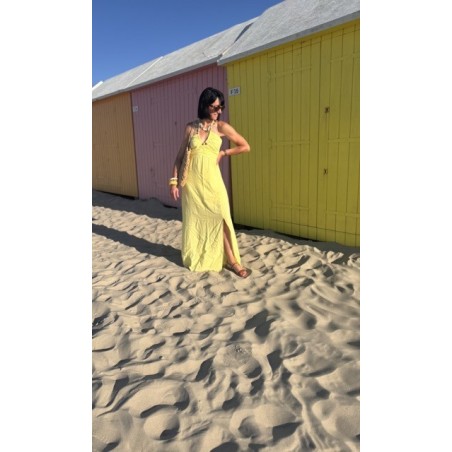 Robe bustier jaune longue – nouée cou, fente & doublure