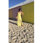 Robe bustier jaune longue – nouée cou, fente & doublure