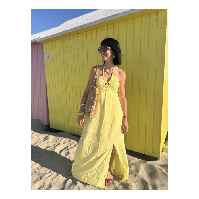 Robe bustier jaune longue – nouée cou, fente & doublure