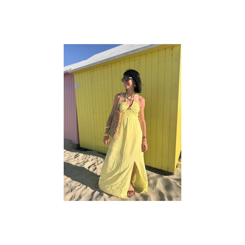 Robe bustier jaune longue – nouée cou, fente & doublure Robe bustier jaune longue – nouée cou, fente & doublure