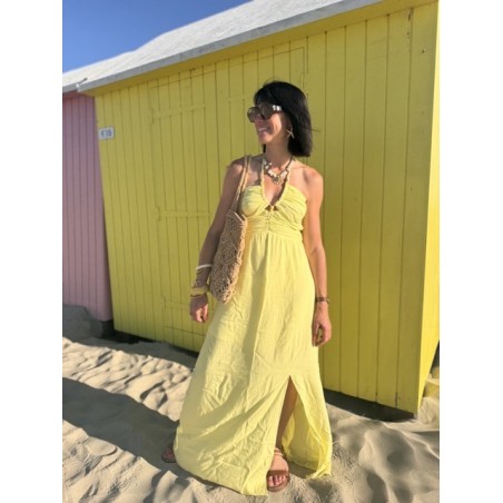 Robe bustier jaune longue – nouée cou, fente & doublure
