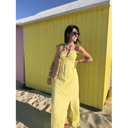 Robe bustier jaune longue – nouée cou, fente & doublure