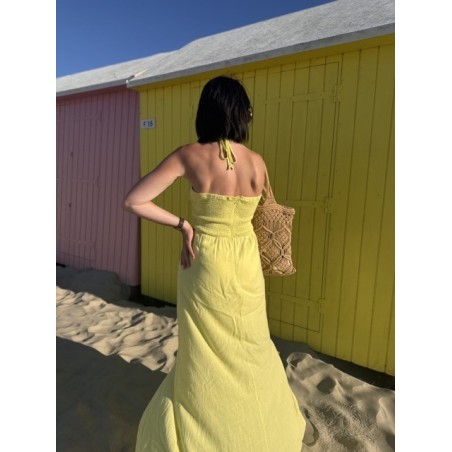 Robe bustier jaune longue – nouée cou, fente & doublure