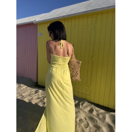 Robe bustier jaune longue – nouée cou, fente & doublure