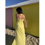 Robe bustier jaune longue – nouée cou, fente & doublure