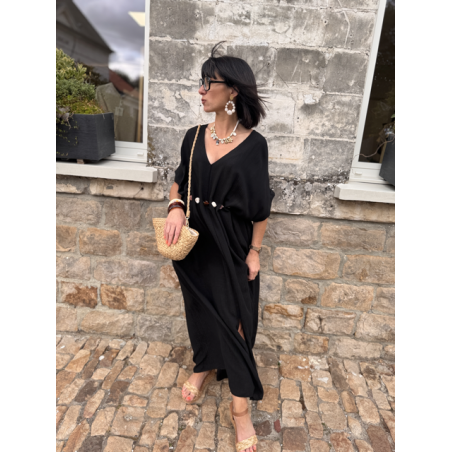 Robe longue fluide noire ou bleu marine avec ceinture coquillages – Taille unique jusqu’à 42