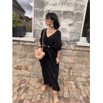 Robe longue fluide noire ou bleu marine avec ceinture coquillages – Taille unique jusqu’à 42