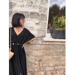 Robe longue fluide noire ou bleu marine avec ceinture coquillages – Taille unique jusqu’à 42