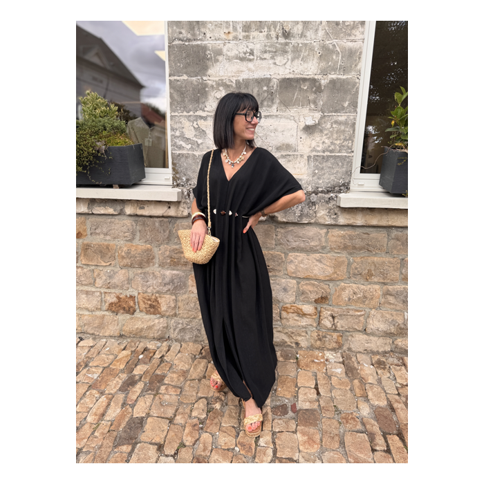 Robe longue fluide noire ou bleu marine avec ceinture coquillages – Taille unique jusqu’à 42