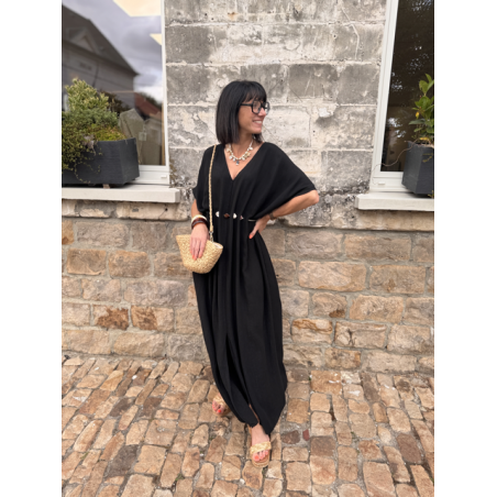 Robe longue fluide noire ou bleu marine avec ceinture coquillages – Taille unique jusqu’à 42