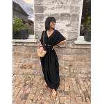 Robe longue fluide noire ou bleu marine avec ceinture coquillages – Taille unique jusqu’à 42