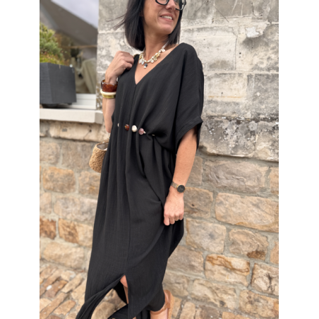 Robe longue fluide noire ou bleu marine avec ceinture coquillages – Taille unique jusqu’à 42