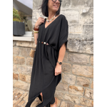 Robe longue fluide noire ou bleu marine avec ceinture coquillages – Taille unique jusqu’à 42