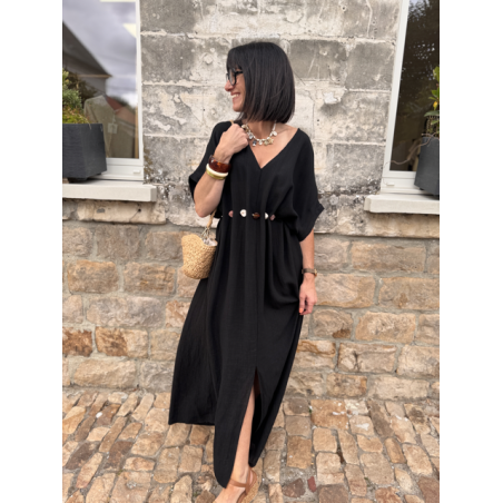 Robe longue fluide noire ou bleu marine avec ceinture coquillages – Taille unique jusqu’à 42