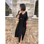 Robe longue fluide noire ou bleu marine avec ceinture coquillages – Taille unique jusqu’à 42