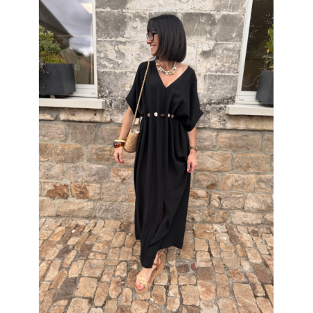 Robe longue fluide noire ou bleu marine avec ceinture coquillages – Taille unique jusqu’à 42