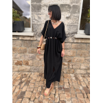 Robe longue fluide noire ou bleu marine avec ceinture coquillages – Taille unique jusqu’à 42