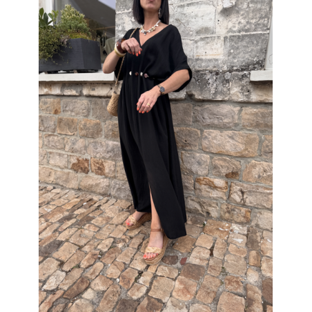 Robe longue fluide noire ou bleu marine avec ceinture coquillages – Taille unique jusqu’à 42
