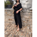 Robe longue fluide noire ou bleu marine avec ceinture coquillages – Taille unique jusqu’à 42