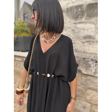 Robe longue fluide noire ou bleu marine avec ceinture coquillages – Taille unique jusqu’à 42