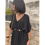 Robe longue fluide noire ou bleu marine avec ceinture coquillages – Taille unique jusqu’à 42